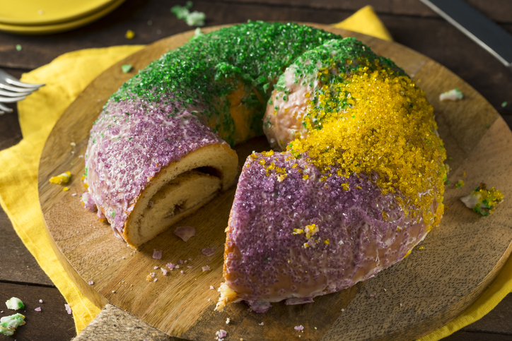 Homemade Colorful Mardi Gras King Cake for Fat Tuesday